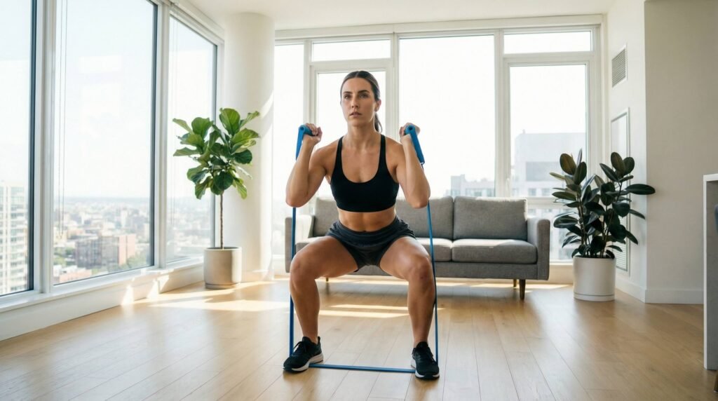 Woman performing high-intensity resistance band circuit workout