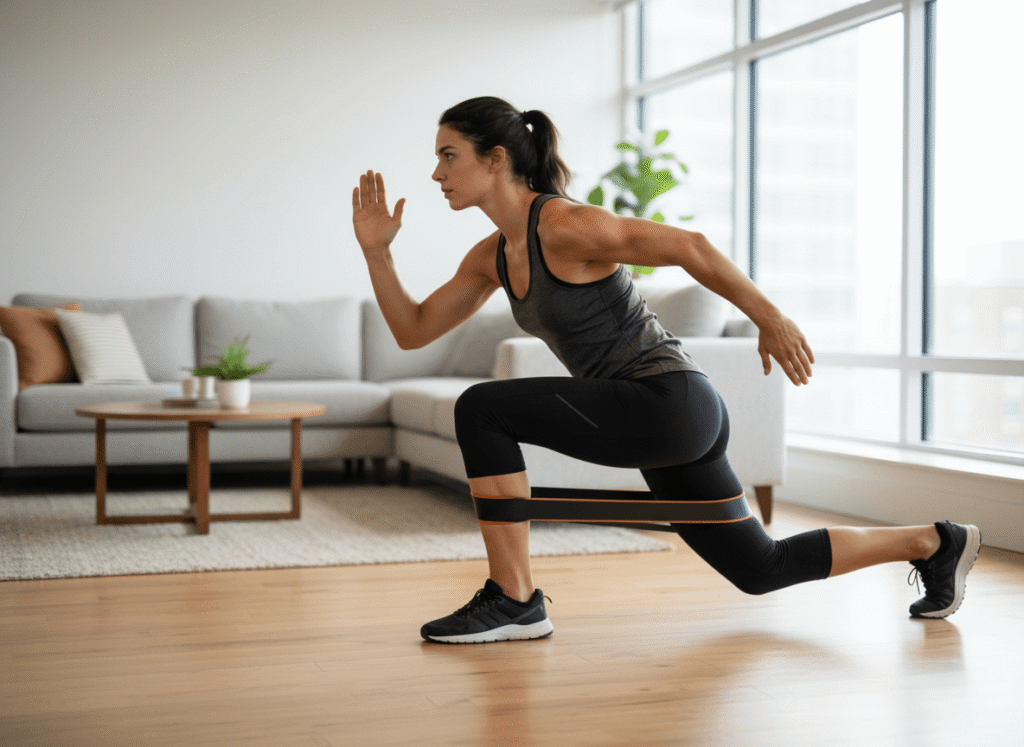 Woman doing a lunge with a resistance band in a living room.