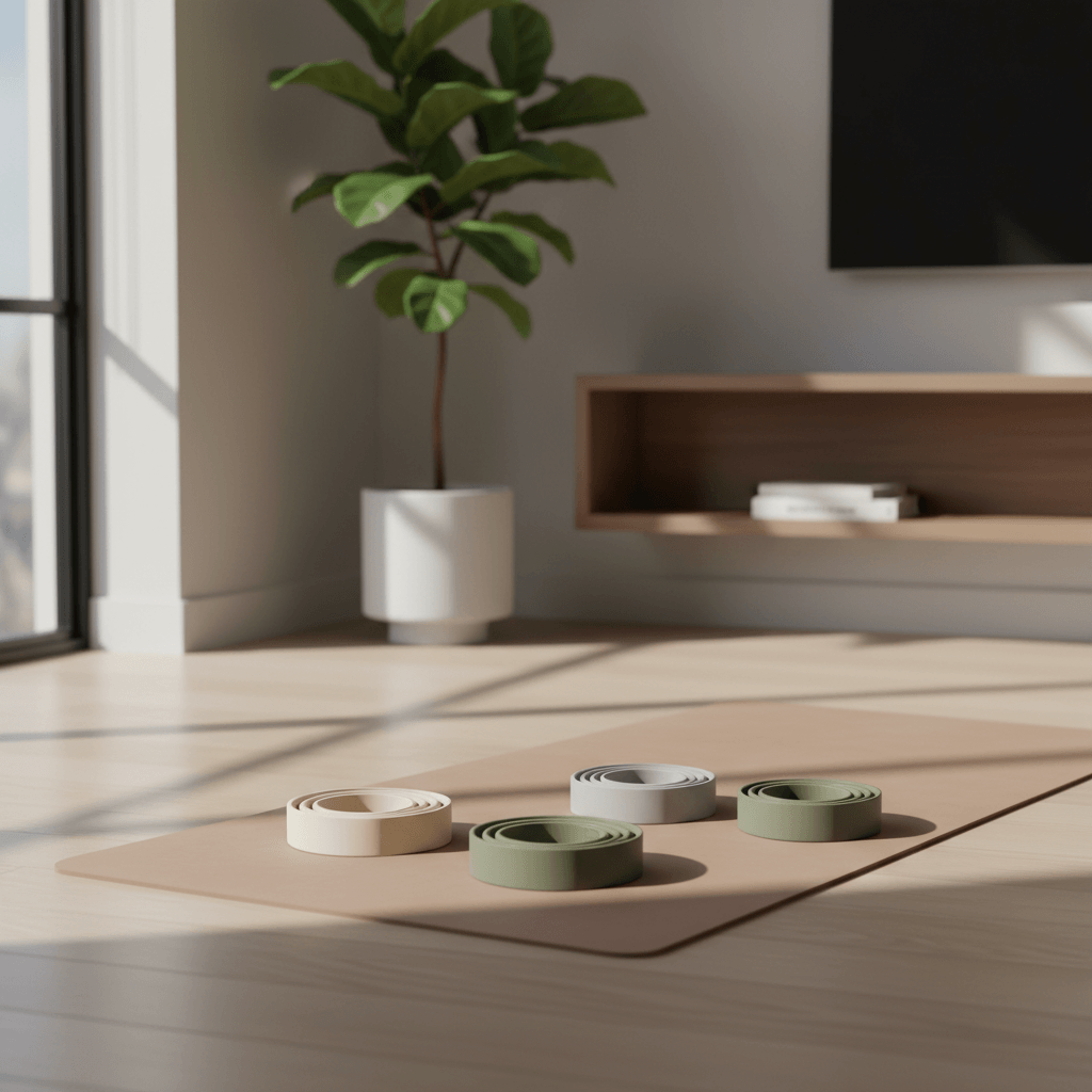 Four rolled resistance bands arranged on a beige yoga mat