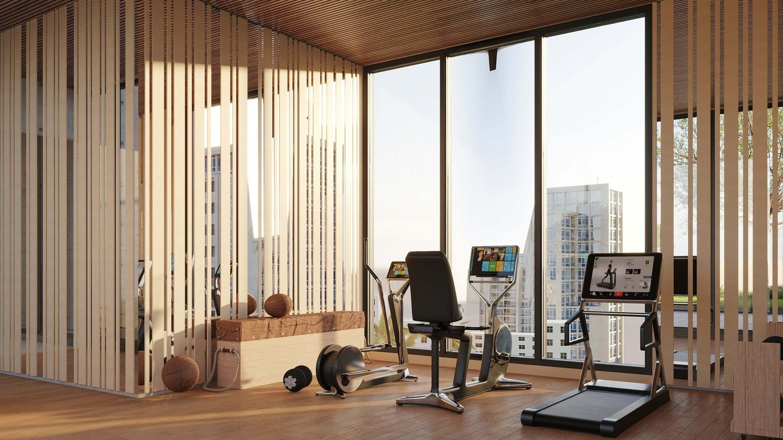A contemporary home gym with treadmills, exercise bikes, medicine balls, and dumbbells in a room with floor-to-ceiling windows and wooden slat walls