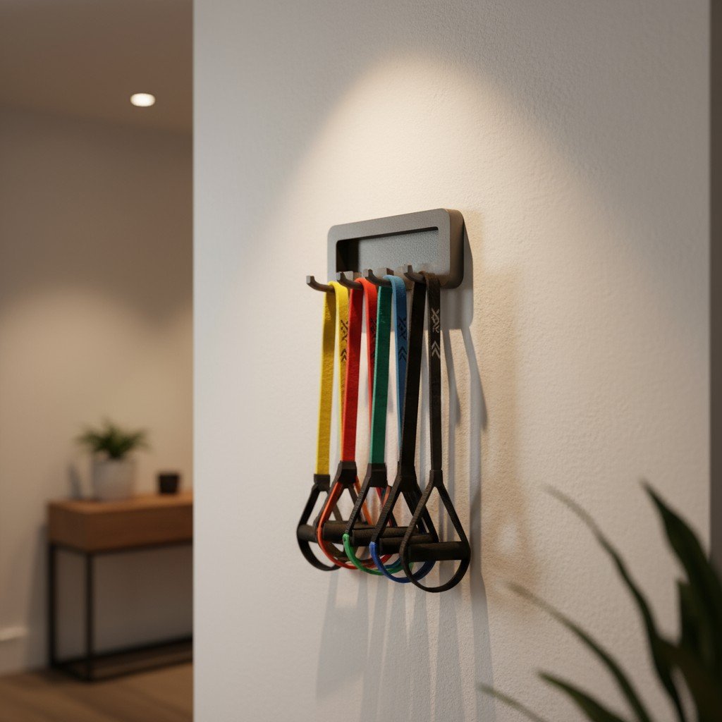 Colorful resistance bands with handles hanging neatly on a wall-mounted rack in a modern interior