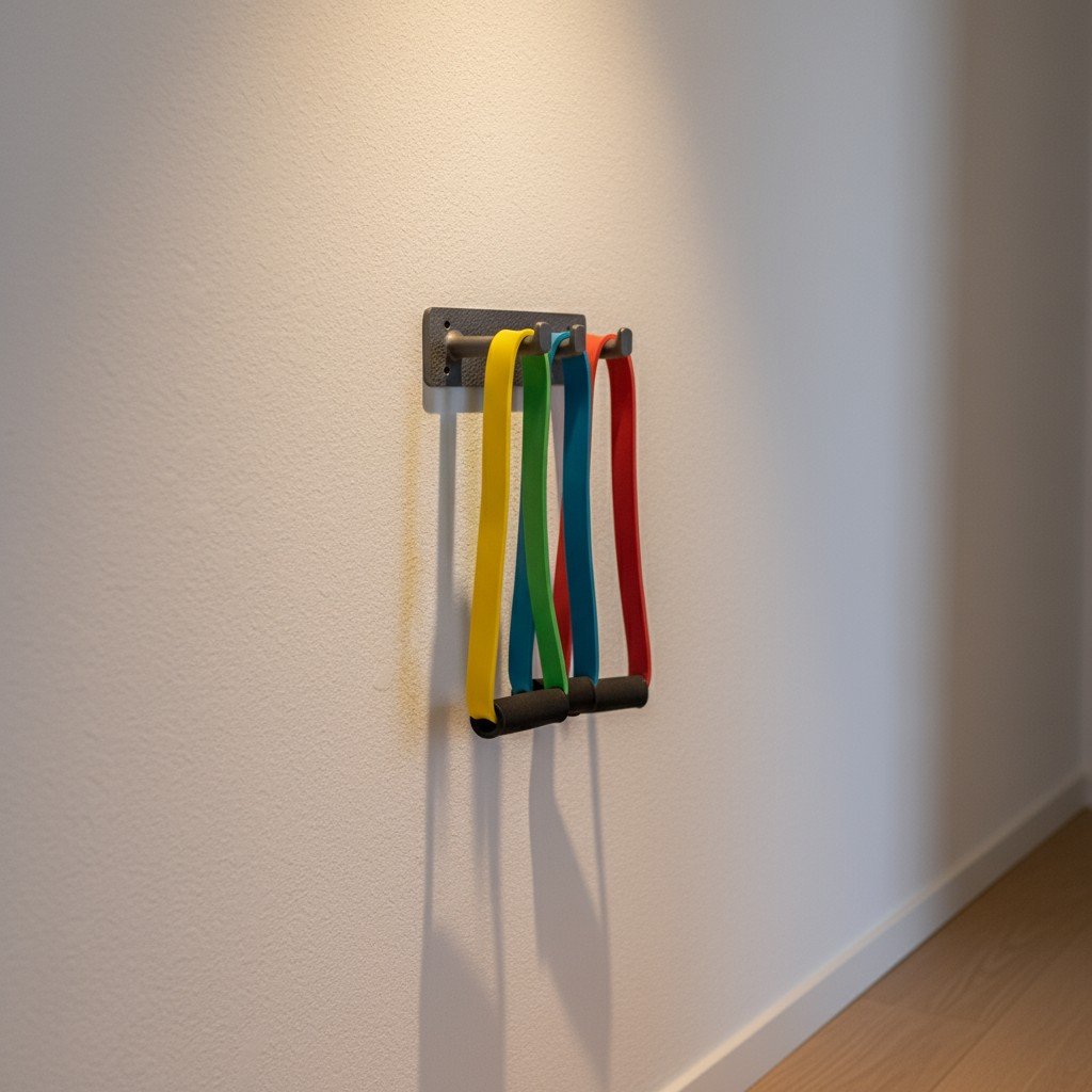 Four looped resistance bands in yellow, green, blue, and red hanging on a small wall-mounted bar against a white wall