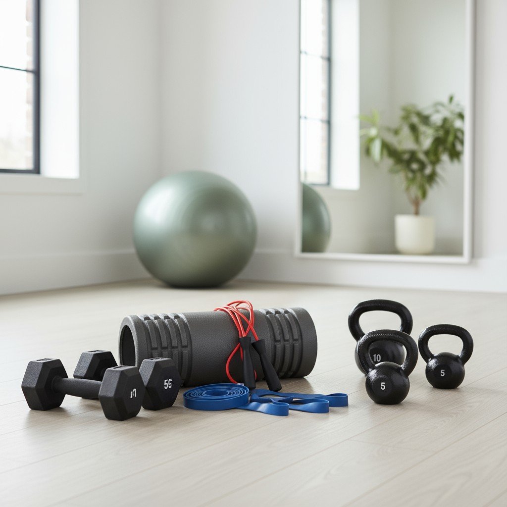 Dumbbells, kettlebells, a foam roller, resistance bands, and an exercise ball arranged on a light wooden floor in a bright room